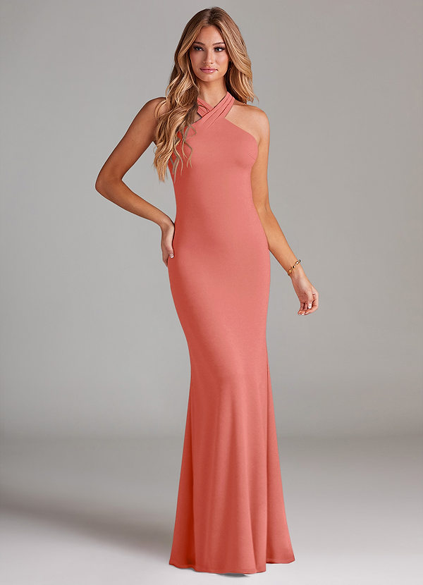 Azazie Doretta Bridesmaid Dresses Salmon Pink Mermaid Pleated Chiffon Dress image1