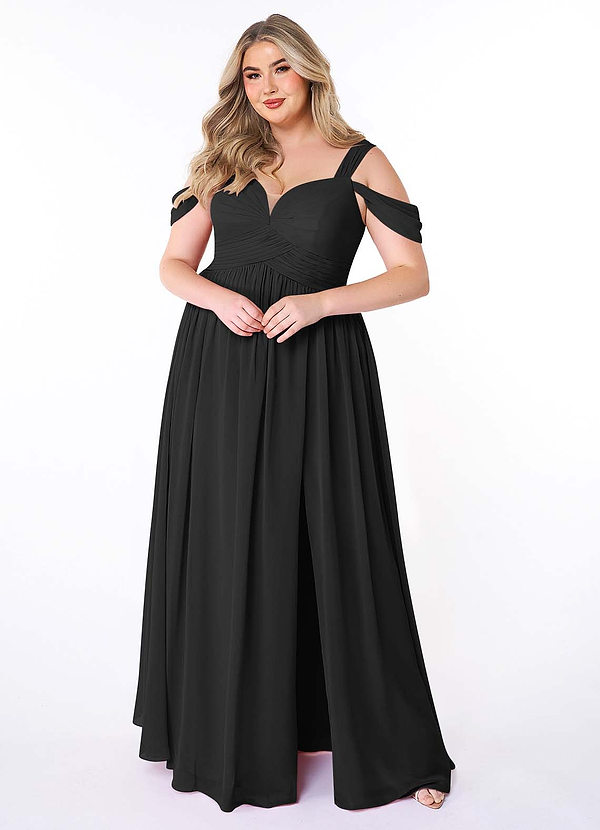Azazie Lianne Bridesmaid Dresses Black A-Line Off the Shoulder Chiffon Dress image1