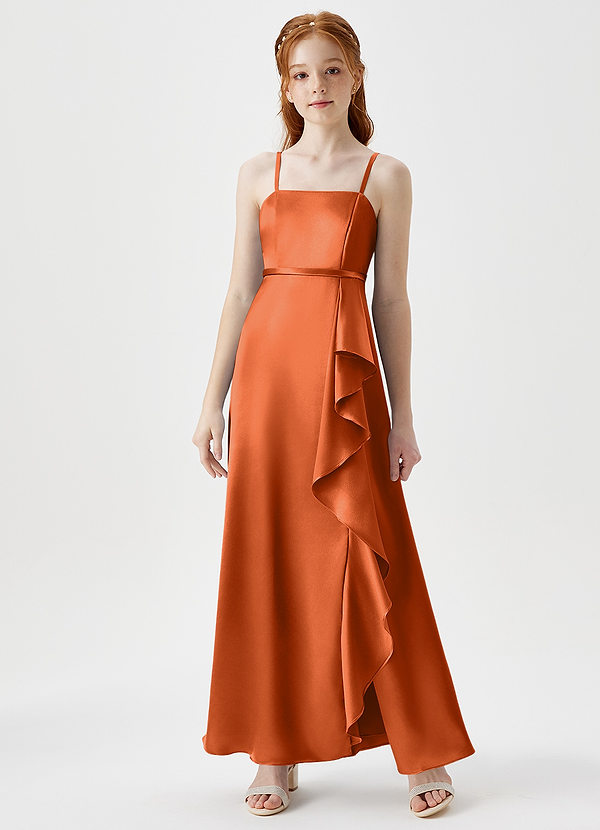 Azazie Kaylee Junior Burnt Orange A-Line with Belt Metallic Satin Dress image1