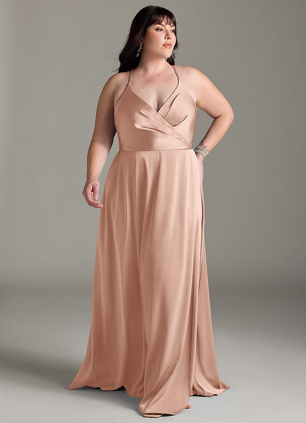 Azazie Davis Robes Demoiselle d'honneur Robe Trapèze en Satin extensible Plissée Or Rose image1