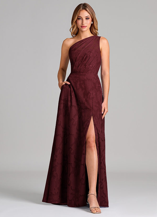 Azazie Phaedra 신부 들러리 드레스 A라인 한쪽 어깨 플로럴 번아웃 바닥 길이 드레스 image1