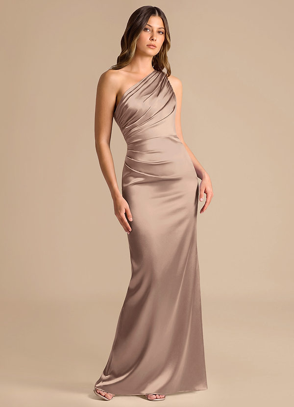 Azazie Akilah Bridesmaid Dresses Taupe Mermaid One Shoulder Metallic Satin Dress image1