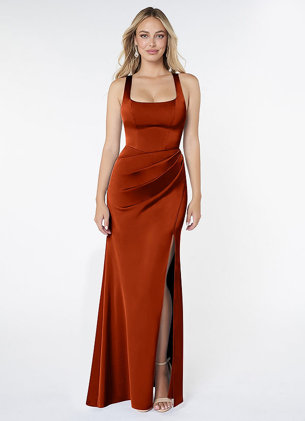 Azazie Mero Bridesmaid Dresses Paprika Sheath Pleated Stretch Satin Dress image1
