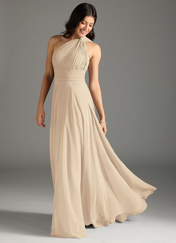 Azazie Charlize Bridesmaid Dresses Champagne A-Line One Shoulder Chiffon Dress image1