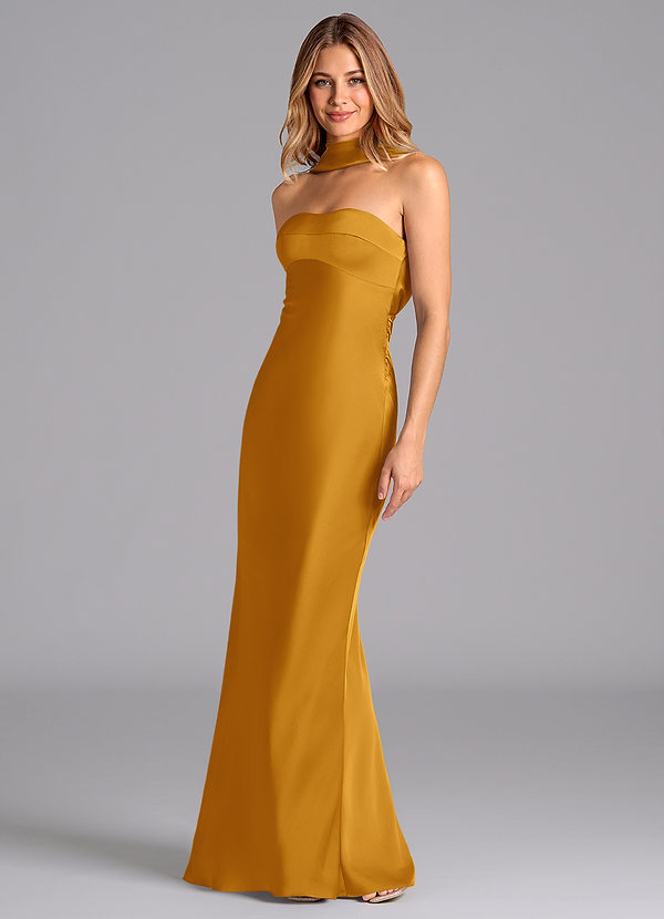 Azazie Lusinda Bridesmaid Dresses Butterscotch Mermaid Strapless Stretch Satin Dress image1