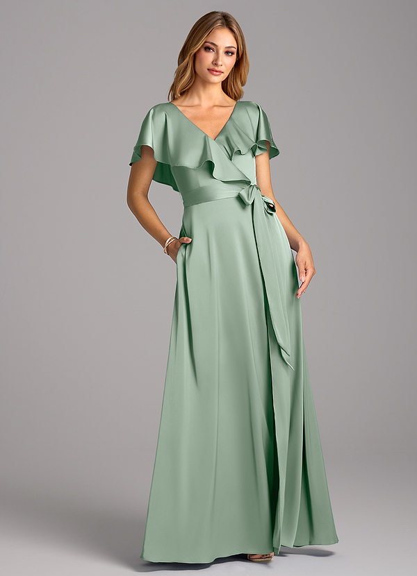 Azazie Lainey Bridesmaid Dresses Agave A-Line with Pockets Stretch Satin Dress image1