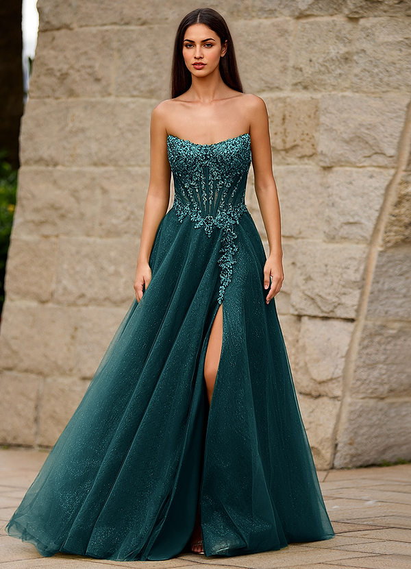 Brilliance Dark Green A-line Glitter Tulle Prom Dress with Sequin Applique image1