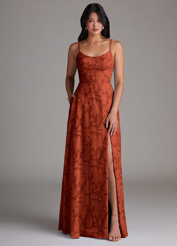 Azazie Moira Bridesmaid Dresses Auburn A-Line Side Slit Floral Burnout Dress image1