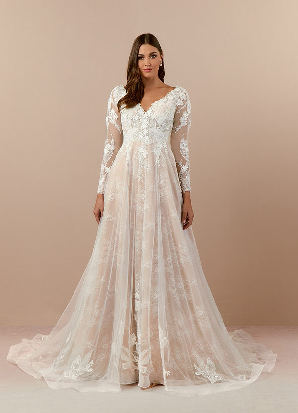 Azazie Leila Wedding Dresses Diamond White Nude A-Line V-Neck Sequins Tulle Dress image1