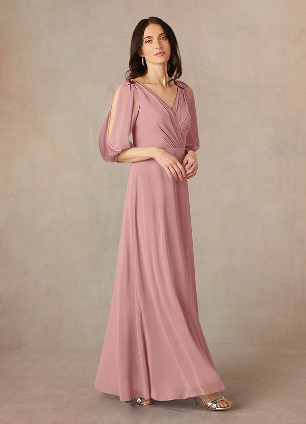 A-line Chiffon Dresses with Deep V-neck and Cap Sleeves Dusty Rose