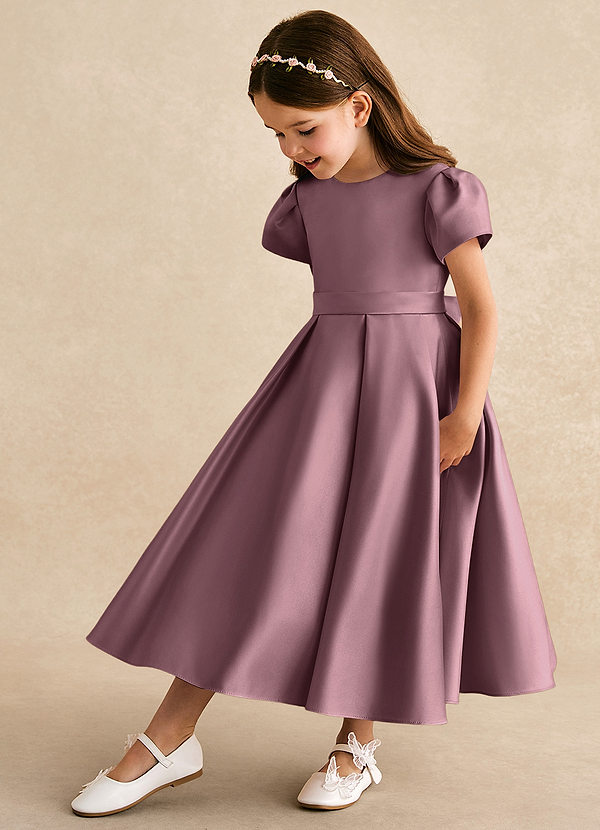 Azazie Princess Flower Girl Dresses Vintage Mauve A-Line Pleated Matte Satin Dress image1