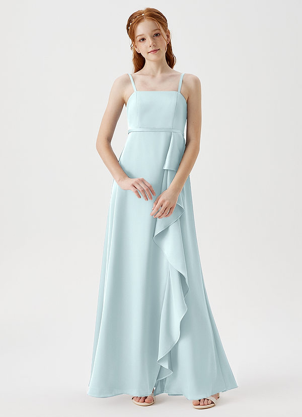 Azazie Kaylee Junior Sea Glass A-Line with Belt Stretch Satin Dress image1