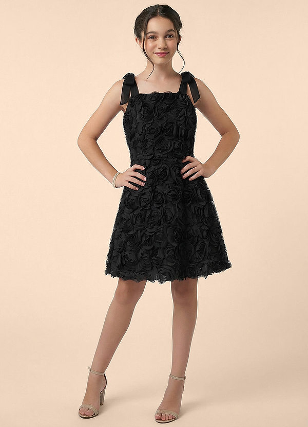 Azazie Delaney Junior Formal Linia A Koronka haftowana 3D z motywem kwiatowym Mini Młodsza druhna Sukienka image1