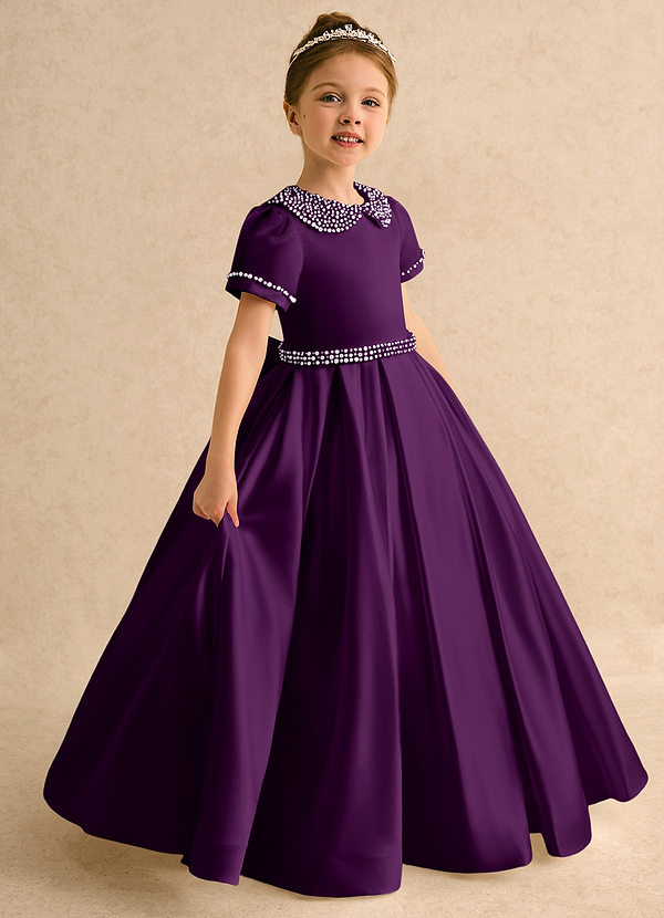 Azazie Gabriella Flower Girl Dresses Grape Ball-Gown with Sleeves Matte Satin Dress image1