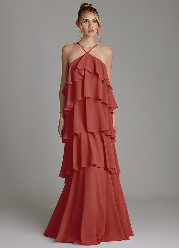Azazie Deena Robes de demoiselle d'honneur Robe Trapèze en Mousseline de soie Rayé Terracotta image1