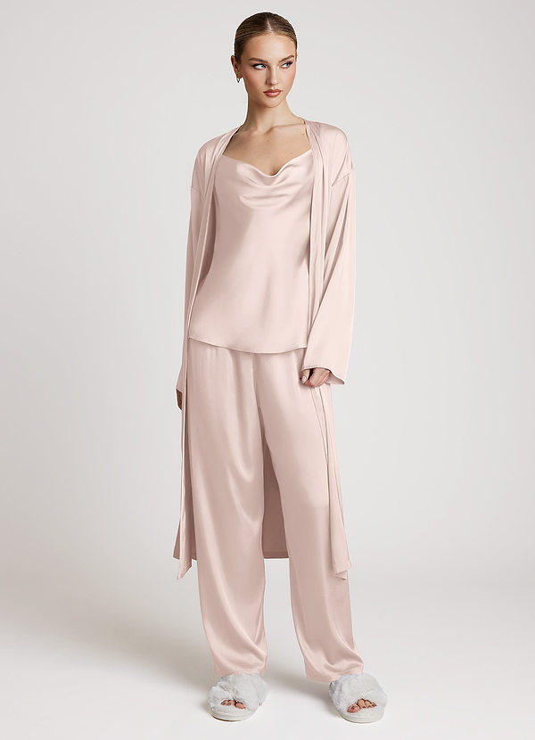 front Blushing Pink Satin Long Sleeves 3-Piece Loungewear Set