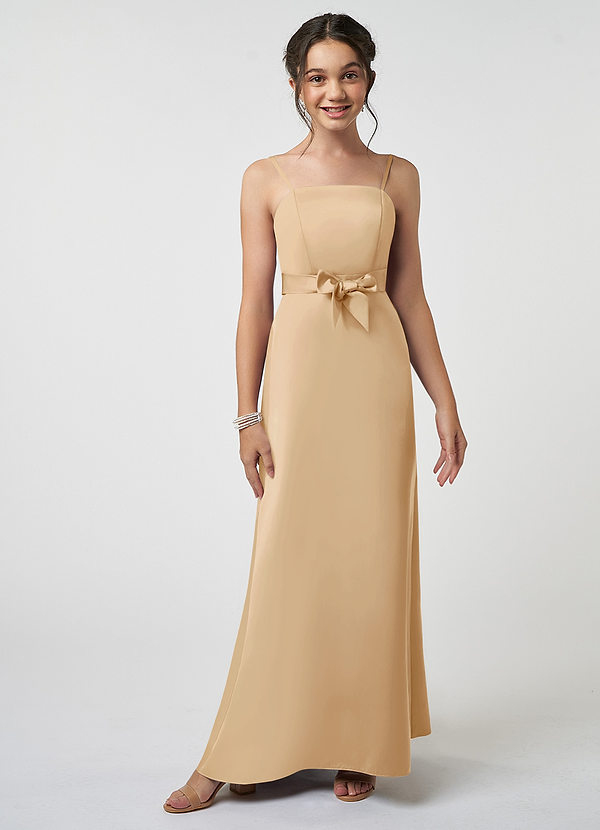 Azazie Anina Junior Gold A-Line Bow Stretch Satin Dress image1