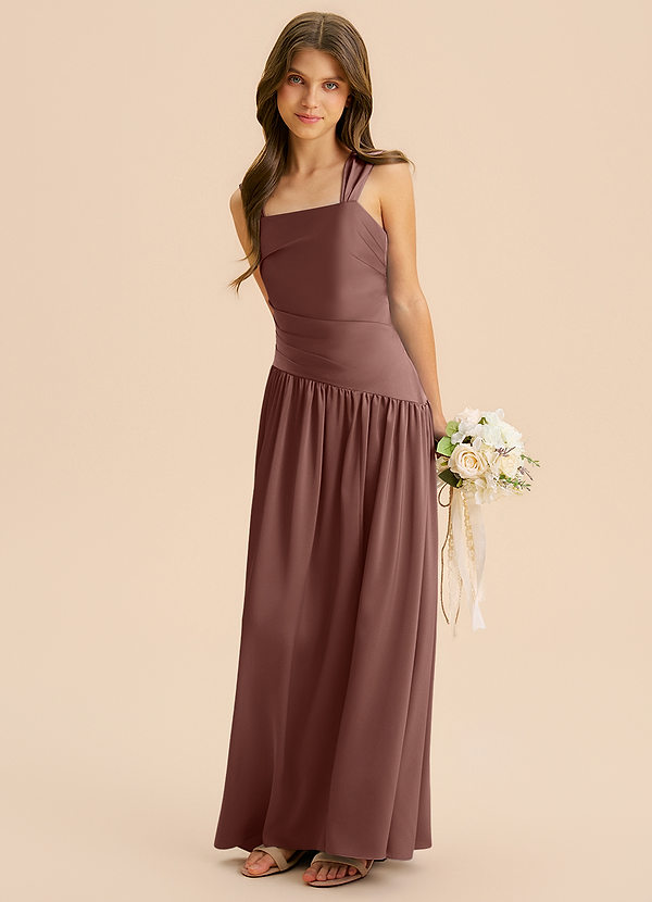 Azazie Dotty Junior A-Linie Plissee Stretch-Satin Kleid Espresso image1