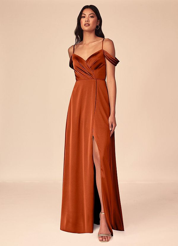 Azazie Ocean Bridesmaid Dresses Paprika A-Line V-Neck Pleated Stretch Satin Dress image1