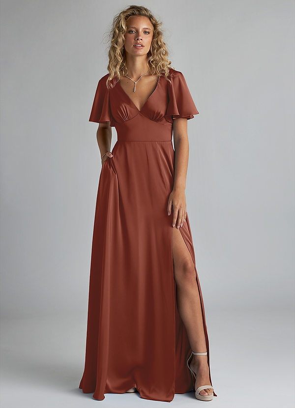 Azazie Kimber Bridesmaid Dresses Auburn A-Line Ruched Stretch Satin Dress image1
