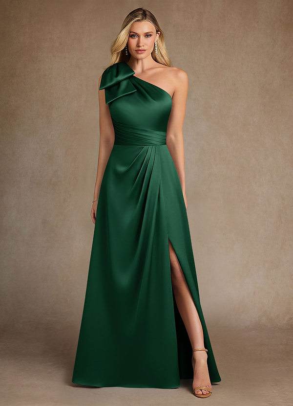 Azazie Easton Vestidos de Madre de la Novia Vestido de Verde Oscuro de Satén Elástico de Corte en A con Hombro unilateral image1