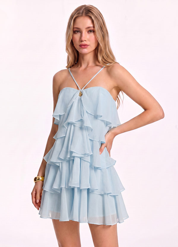Leona Himmelblau Minikleid aus Chiffon mit Spaghettiträgern, Stufenrüschen und Rüschen image1