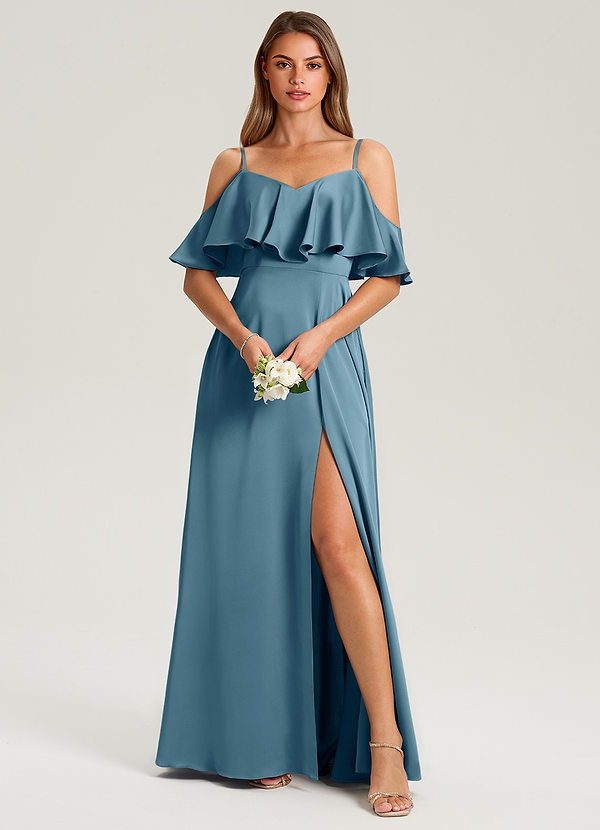 Azazie Jean Brudtärneklänningar Klä av A-Linje i Stretch Satin Av axeln Bermuda image1