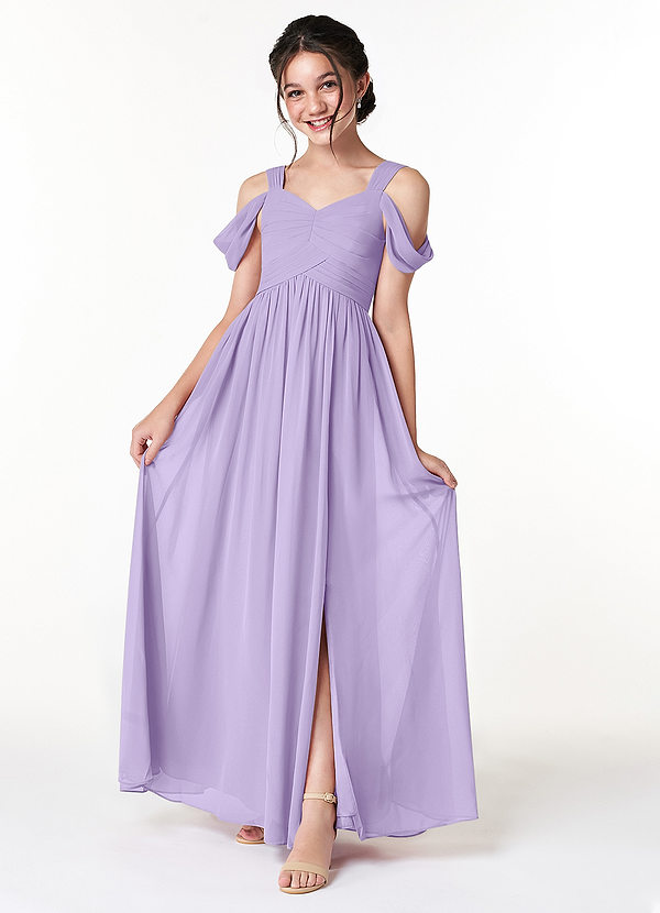 Azazie Lianne Junior Robe Trapèze en Mousseline de soie Épaule décolletée Lilas image1