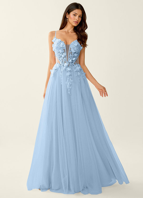 Eulalie Azzurro Abito da ballo con corsetto e allacciatura posteriore a fiori 3D image1