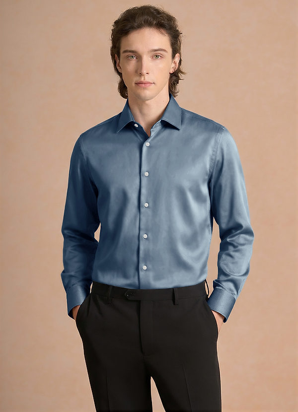 front Julian Staubblau Stretch-Satin-Hemd
