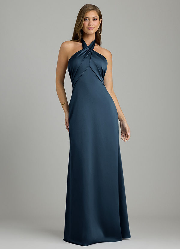 Azazie Nicole Bridesmaid Dresses Dark Navy A-Line Stretch Satin Dress image1