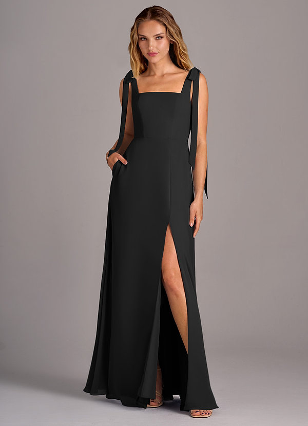 Azazie Debra Bridesmaid Dresses Black A-Line with Pockets Chiffon Convertible Dress image1
