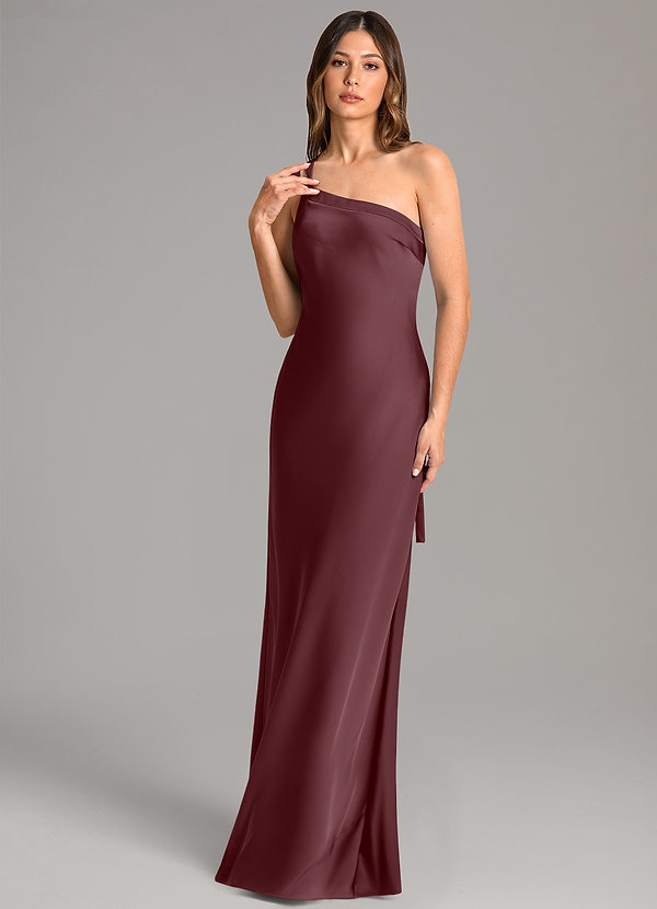 Azazie Monroe Bridesmaid Dresses Sangria Mermaid One Shoulder Stretch Satin Dress image1