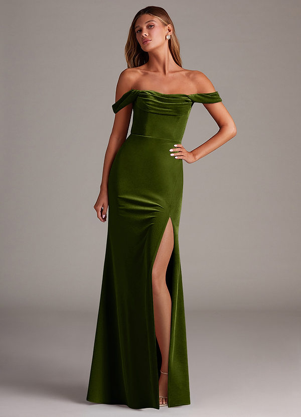 Azazie Saige Bridesmaid Dresses Olive Sheath Off the Shoulder Velvet Convertible Dress image1