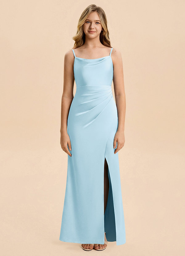 Azazie Christen Junior Vestido de Azul Cielo de Satén Elástico de Corte en A con Plisado image1