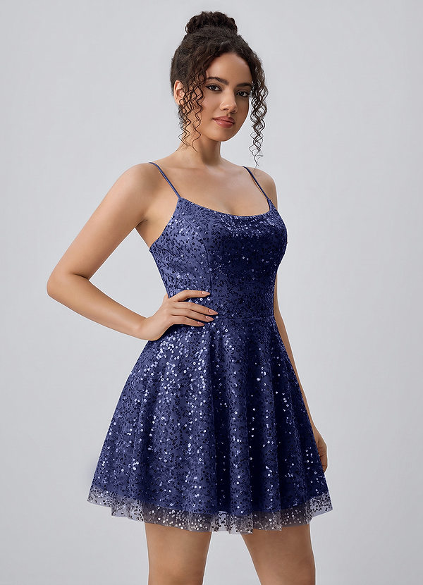 Jocelyne Navy Sequin Lace-Up A-Line Mini Dress image1
