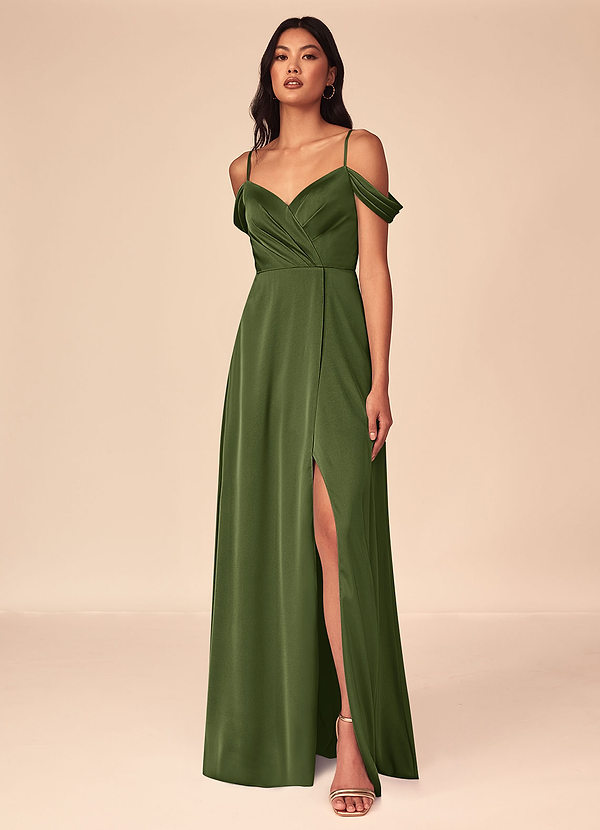 Azazie Ocean Bridesmaid Dresses Olive A-Line V-Neck Pleated Stretch Satin Dress image1
