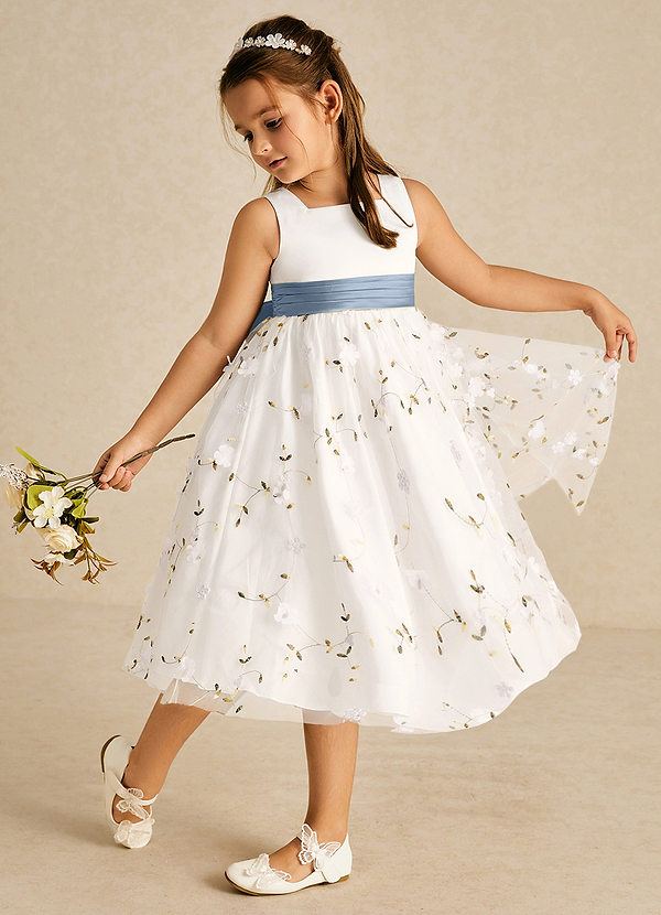 Azazie Pollie Flower Girl Dresses Ivory Dusty Blue A-Line Bow Tulle Dress image1
