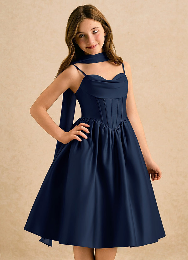 Azazie Shona Girls Formal Flower Girl Dresses Dark Navy A-Line Sweetheart Neckline Matte Satin Dress image1