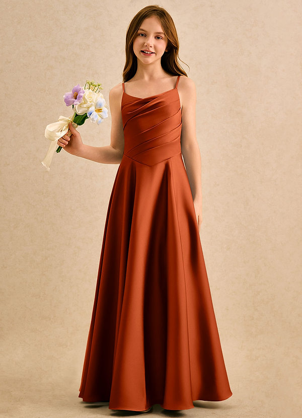 Azazie Coconut Girls Formal Flower Girl Dresses Vestido Páprica de Cetim elástico de Linha A com Plissado image1