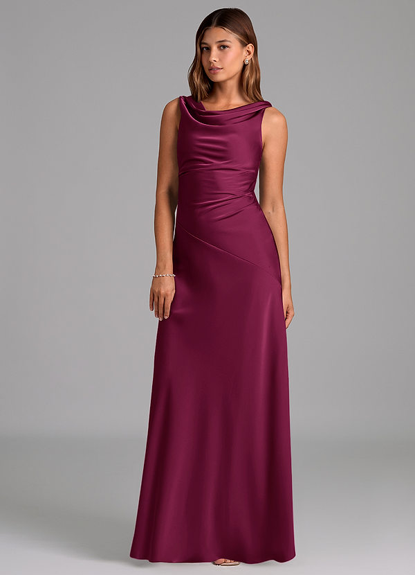 Azazie Nerine Bridesmaid Dresses Red Plum A-Line Pleated Stretch Satin Dress image1