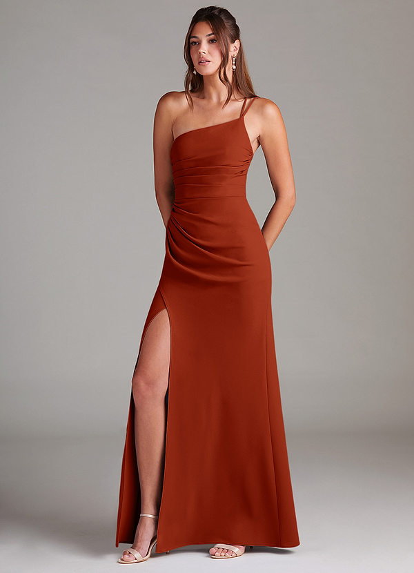 Azazie Eren Bridesmaid Dresses Rust Sheath One Shoulder Stretch Crepe Dress image1