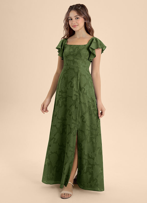 Azazie Bondi Junior Olive A-Line Bow Floral Burnout Dress image1