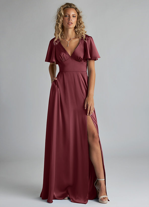 Azazie Kimber Bridesmaid Dresses Merlot A-Line Ruched Stretch Satin Dress image1