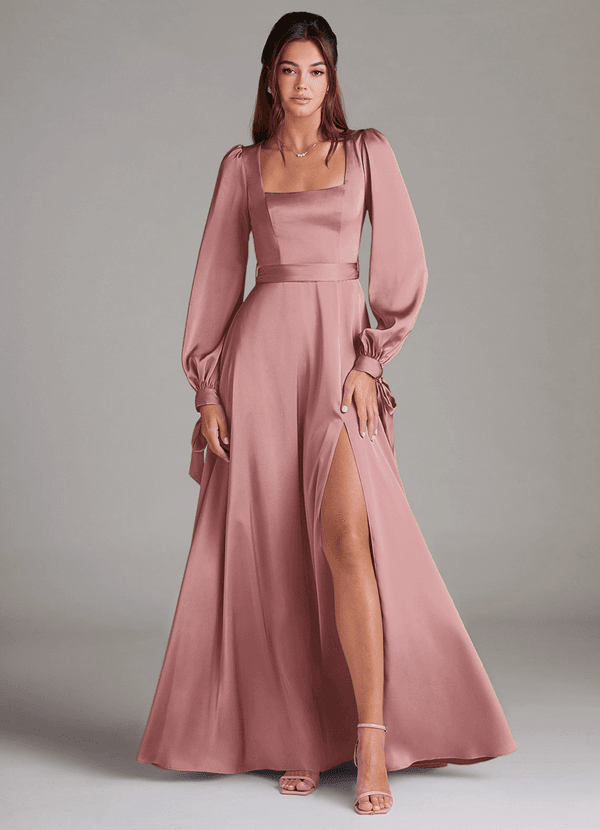 Azazie Leonia Bridesmaid Dresses Dusty Rose A-Line Long Sleeve Stretch Satin Dress image1