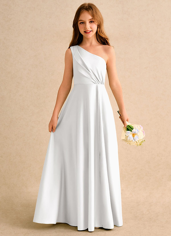 Azazie Puddles Girls Formal Bloemenmeisjes Jurken A-Lijn Jurk van Mat Satijn One-Shoulder Wit image1
