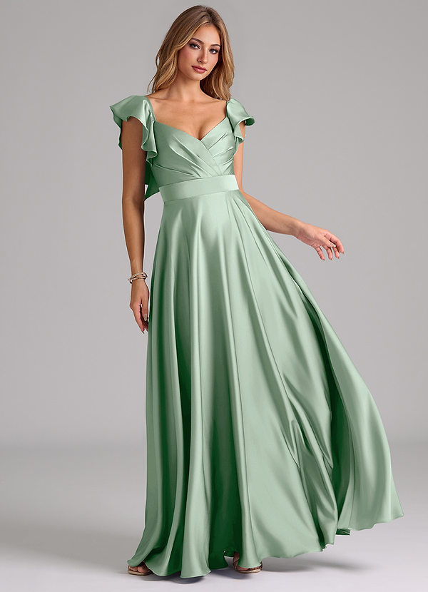 Azazie Leilani Bridesmaid Dresses Agave A-Line Ruched Stretch Satin Dress image1