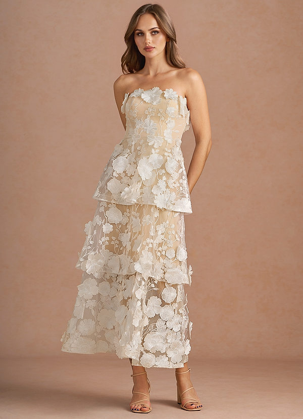 Azazie Maxi Dresses A-Line Formal Dresses Strapless 3D Flowers White