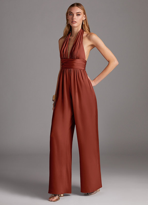 Azazie Oli Bruidsmeisjes Jurken Jumpsuit van Stretch Satijn Geplooid Terracotta image1