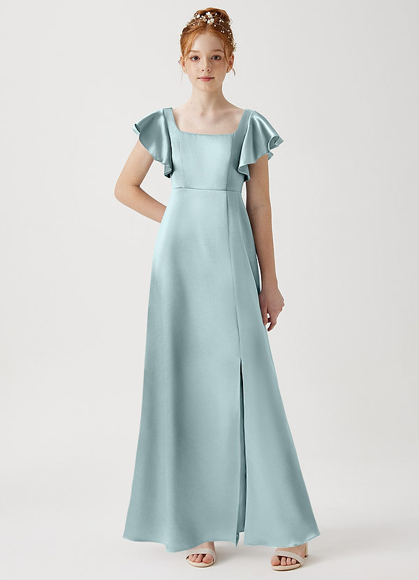 Azazie Bondi Junior Mist A-Line Side Slit Metallic Satin Dress image1